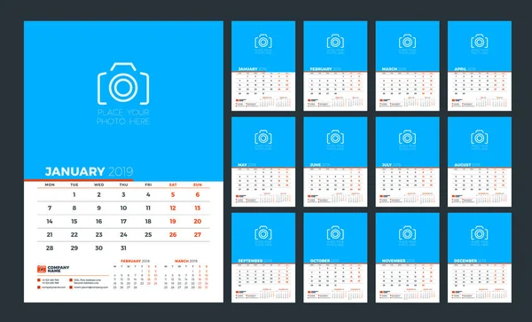 Wandkalender Planer Vorlage Für Das Jahr 2019 Die Woche Beginnt — Stockvektor