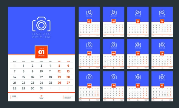 Wall Calendar Planner Template 2019 Year Week Starts Monday Vector — Stock Vector