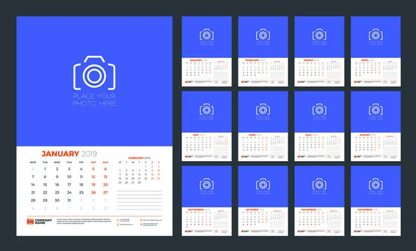 Plantilla Planificador Calendario Pared Para 2019 Año Semana Comienza Lunes — Archivo Imágenes Vectoriales