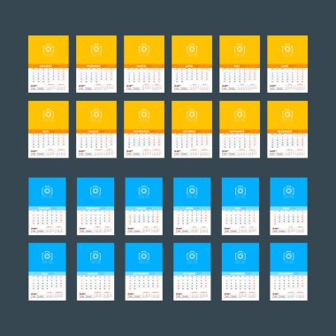 Duvar takvimi şablonunu 2019 yıl için. Hafta Pazar günü başlar. Hafta Pazartesi günü başlar. Vektör çizim