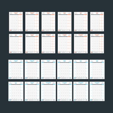 Duvar takvimi şablonunu 2019 yıl için. Hafta Pazar günü başlar. Hafta Pazartesi günü başlar. Vektör çizim