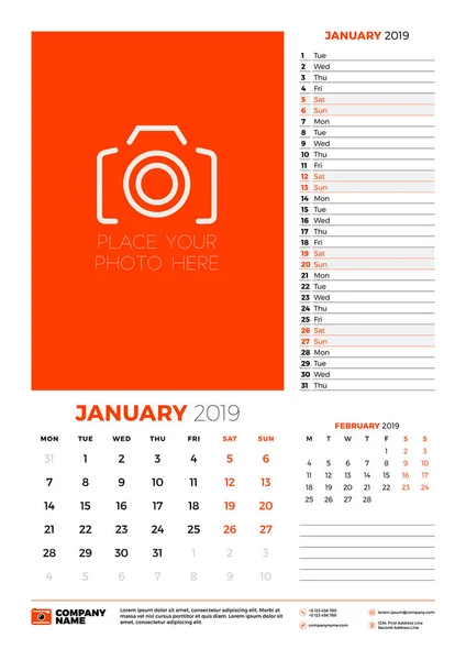 Modello Calendario Parete Gennaio 2019 Settimana Inizia Lunedì Illustrazione Vettoriale — Vettoriale Stock