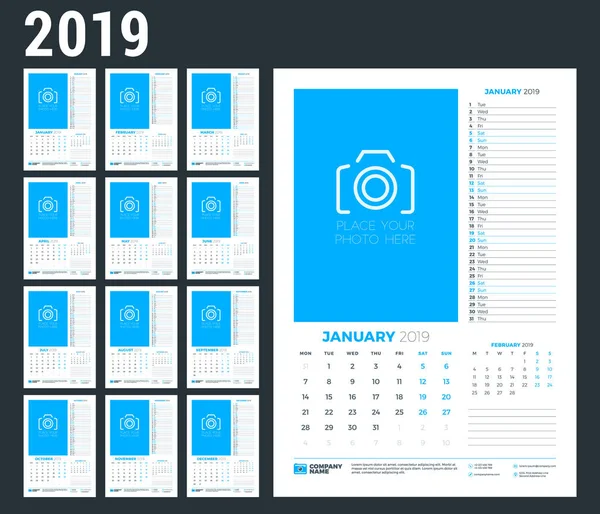 Plantilla Planificador Calendario Pared Para 2019 Año Conjunto Meses Semana — Vector de stock