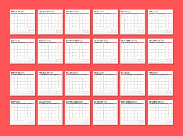 Modèle Calendrier Mural Pour 2019 Année Semaine Commence Dimanche Semaine — Image vectorielle