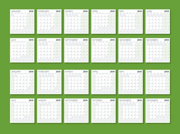 Wall Calendar Template 2019 Year Week Starts Sunday Week Starts — Stock Vector