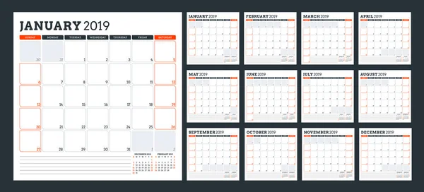 Ημερολόγιο Για Σχεδιασμό Για Έτος 2019 Εβδομάδα Ξεκινά Την Κυριακή — Διανυσματικό Αρχείο