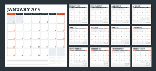 Planejador Calendário Para 2019 Ano Semana Começa Domingo Conjunto Meses — Vetor de Stock