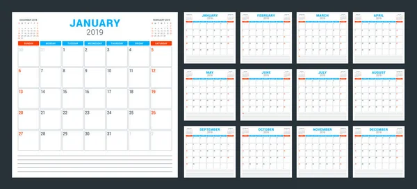 Planificador Calendario Para 2019 Año Semana Comienza Domingo Conjunto Meses — Vector de stock