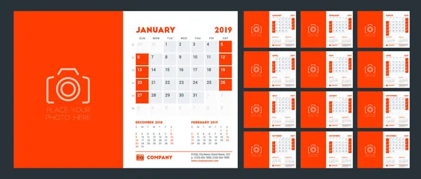 Calendario Escritorio Para 2019 Año Plantilla Diseño Con Lugar Para — Vector de stock