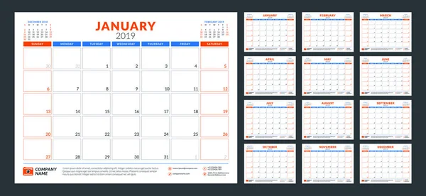 Planificador Calendario Para 2019 Año Semana Comienza Domingo Conjunto Meses — Archivo Imágenes Vectoriales