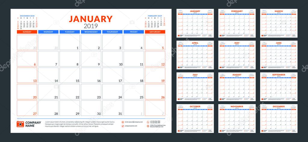 Calendar planner for 2019 year. Week starts on Sunday. Set of 12 months. Printable vector stationery design template