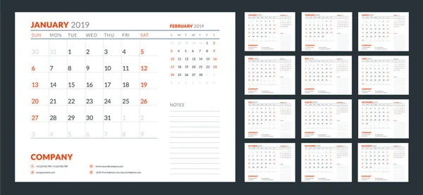 Ημερολόγιο Για Σχεδιασμό Για Έτος 2019 Εβδομάδα Ξεκινά Την Κυριακή — Διανυσματικό Αρχείο
