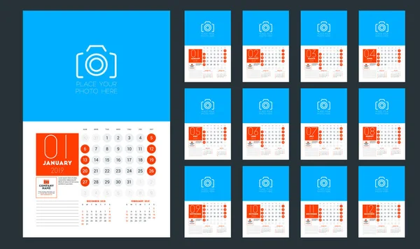 Vägg Kalendermall Planner För 2019 Veckan Börjar Söndag Vektorillustration — Stock vektor