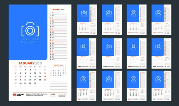 Modello Calendario Parete Anno 2019 Settimana Inizia Domenica Illustrazione Vettoriale — Vettoriale Stock