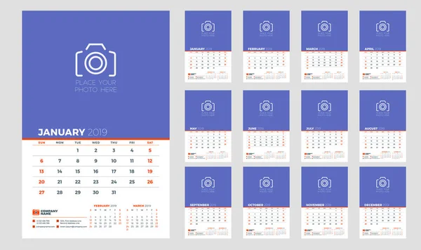 Vägg Kalendermall Planner För 2019 Veckan Börjar Söndag Vektorillustration — Stock vektor
