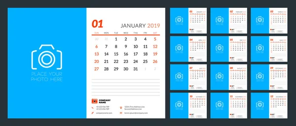 Calendario Escritorio Para 2019 Año Plantilla Diseño Con Lugar Para — Archivo Imágenes Vectoriales