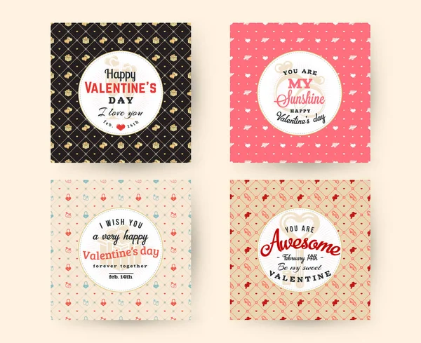 一套快乐情人节排版贺卡 具有无缝背景和浪漫标志的矢量设计模板 — 图库矢量图片