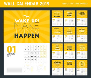 Duvar takvimi şablonunu 2019 yıl için. Vektör tasarım tipografik motivasyonel teklif yazdırma şablonu. Hafta Pazartesi günü başlar
