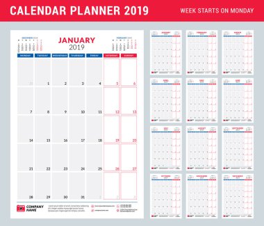 2019 yıl için takvim planlayıcısı. İleti örneği tasarım şablonu. Dikey yönlendirmeli. Hafta Pazartesi günü başlar