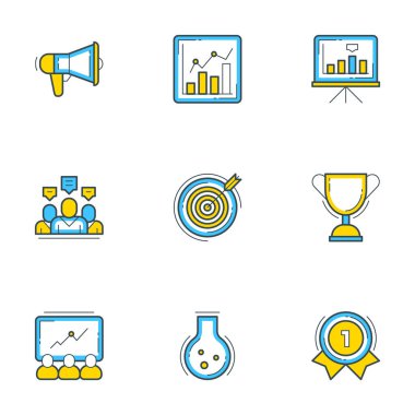 9 düz çizgi iş simgeler kümesi. Düz hat illüstrasyon kavramı web afiş ve basılı malzemeler için. Vektör çizim