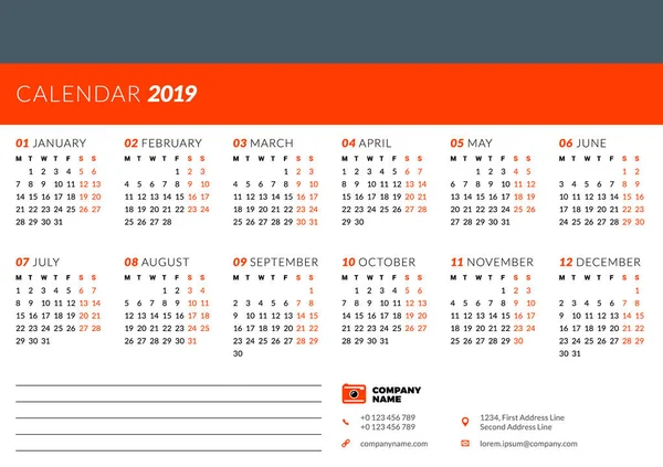 Calendrier modèle de conception pour 2019 année. La semaine commence lundi. Conception de papeterie — Image vectorielle