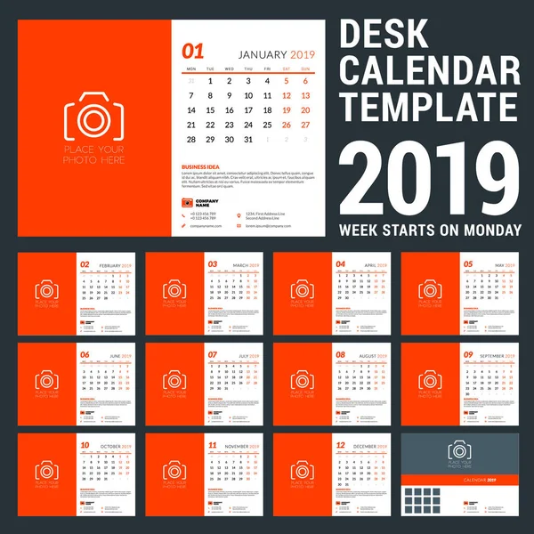 Skrivbord Kalender 2019 årets. Formgivningsmall med plats för foto. Veckan börjar på måndag. Uppsättning av 12 sidor och täcker. Vektorillustration — Stock vektor