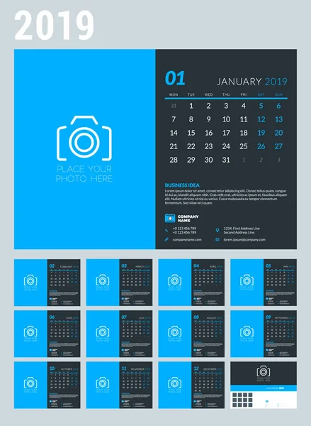 Επιτραπέζιο ημερολόγιο για το έτος 2019. Πρότυπο σχεδίασης με θέση για φωτογραφία. Εβδομάδα ξεκινά τη Δευτέρα. Σετ των 12 σελίδων και κάλυμμα. Εικονογράφηση διάνυσμα — Διανυσματικό Αρχείο