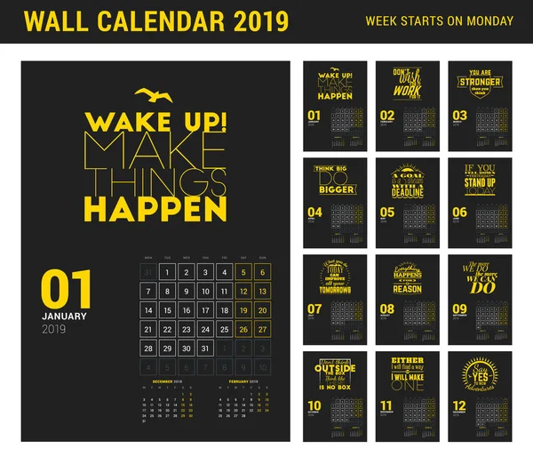 Πρότυπο ημερολόγιο τοίχου για το έτος 2019. Διάνυσμα πρότυπο εκτύπωσης σχεδιασμός με τυπογραφικά παρακίνησης. Εβδομάδα ξεκινά τη Δευτέρα — Διανυσματικό Αρχείο