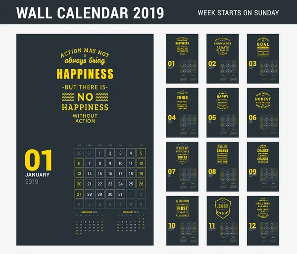 Πρότυπο ημερολόγιο τοίχου για το έτος 2019. Σετ των 12 σελίδων. Διάνυσμα πρότυπο εκτύπωσης σχεδιασμός με τυπογραφικά παρακίνησης. Εβδομάδα ξεκινά την Κυριακή — Διανυσματικό Αρχείο