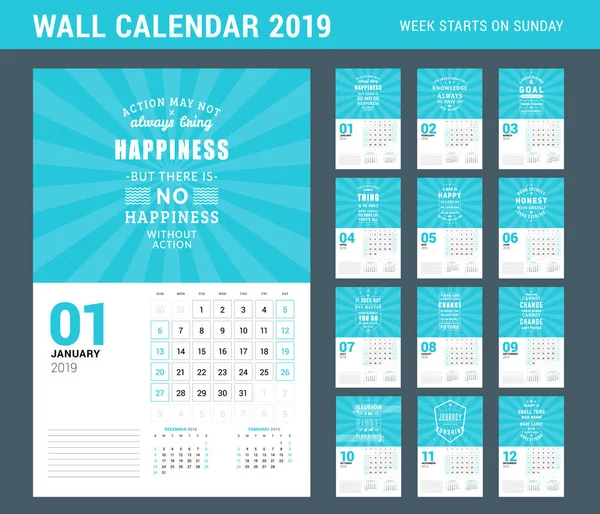 Πρότυπο ημερολόγιο τοίχου για το έτος 2019. Σετ των 12 σελίδων. Διάνυσμα πρότυπο εκτύπωσης σχεδιασμός με τυπογραφικά παρακίνησης. Εβδομάδα ξεκινά την Κυριακή — Διανυσματικό Αρχείο