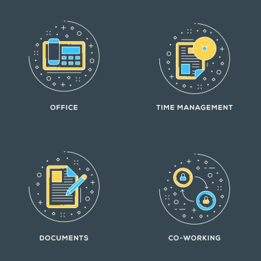 Office, zaman yönetimi, belgeler, ortak çalışma. Koyu arka plan üzerinde 4 düz çizgi simgeler kümesi. Düz hat illüstrasyon kavramı web afiş ve basılı malzemeler için. Vektör çizim