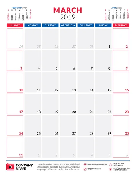 Março de 2019. Modelo de design de papelaria planejador de calendário. Orientação de retrato. Semana começa no domingo — Vetor de Stock