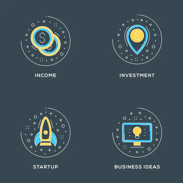 Reddito, investimenti, startup, idee imprenditoriali. Set di 4 icone a linea piatta su sfondo scuro. Concetto di illustrazione a linee piane per banner web e materiali stampati. Illustrazione vettoriale — Vettoriale Stock
