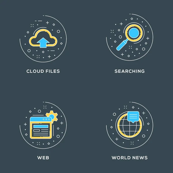 Cloud bestanden, zoeken, web, Nieuws van de wereld. Set van 4 platte lijn iconen op donkere achtergrond. Platte lijn illustratie concept voor webbanner en drukwerk. Vectorillustratie — Stockvector