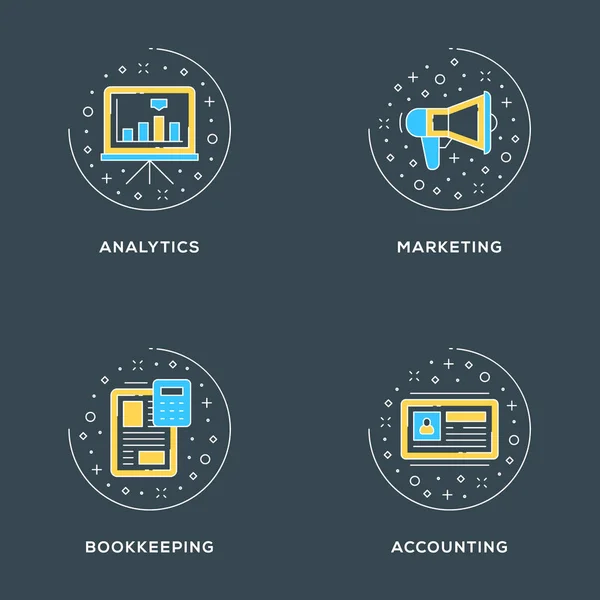 Analytics, marketing, bookkeeping, accounting. Set of 4 flat line icons on dark background. Flat line illustration concept for web banner and printed materials. Vector illustration — Stock Vector