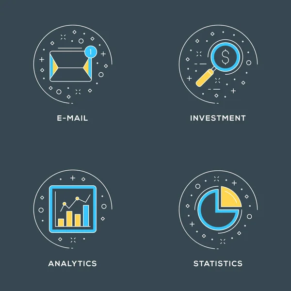 E-mail, investment, analytics, statistics. Set of 4 flat line icons on dark background. Flat line illustration concept for web banner and printed materials. Vector illustration — Stock Vector