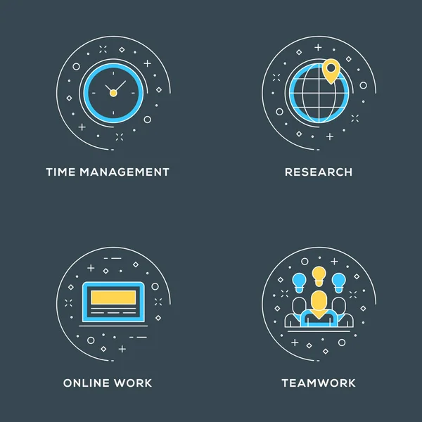 Time management, onderzoek, online werk, teamwerk. Set van 4 platte lijn iconen op donkere achtergrond. Platte lijn illustratie concept voor webbanner en drukwerk. Vectorillustratie — Stockvector