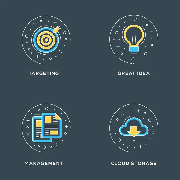 Targeting, gute Idee, Management, Cloud Storage. Set von 4 flachen Linien-Symbolen auf dunklem Hintergrund. Flatline-Illustrationskonzept für Web-Banner und Druckmaterialien. Vektorillustration — Stockvektor