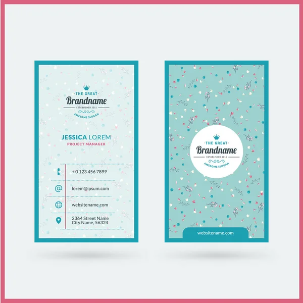 Double-sided vertical modern business card template with cute floral background. Vector mockup illustration. Stationery design — Stock Vector