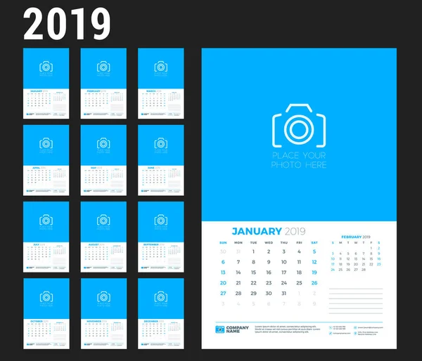Wandkalender-Vorlage für das Jahr 2019. Die Woche beginnt am Sonntag. Vektorillustration — Stockvektor