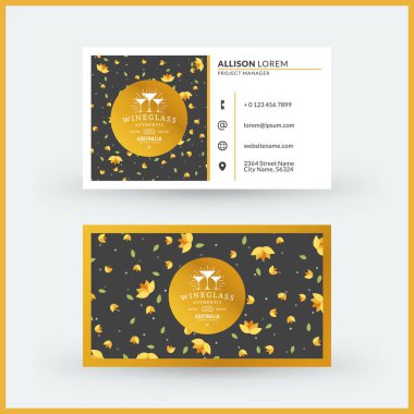 Sevimli çiçek arka plan ile çift taraflı yatay modern kartvizit şablonu. Vektör mockup Illustration. Kırtasiye tasarımı