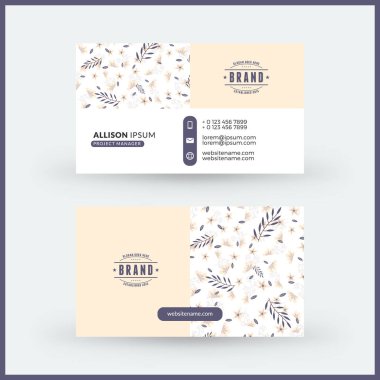 Sevimli çiçek arka plan ile çift taraflı yatay modern kartvizit şablonu. Vektör mockup Illustration. Kırtasiye tasarımı