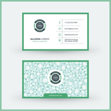 Sevimli çiçek arka plan ile çift taraflı yatay modern kartvizit şablonu. Vektör mockup Illustration. Kırtasiye tasarımı