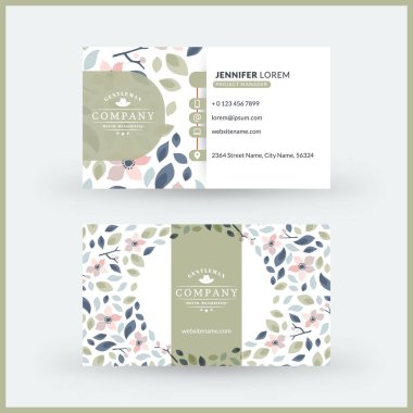 Sevimli çiçek arka plan ile çift taraflı yatay modern kartvizit şablonu. Vektör mockup Illustration. Kırtasiye tasarımı
