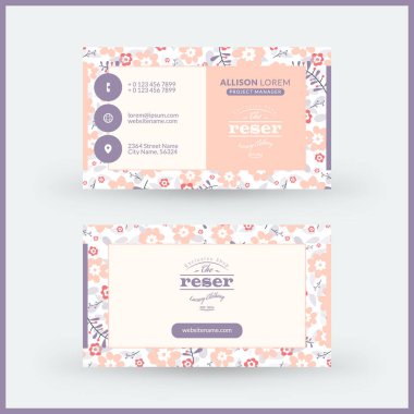 Sevimli çiçek arka plan ile çift taraflı yatay modern kartvizit şablonu. Vektör mockup Illustration. Kırtasiye tasarımı