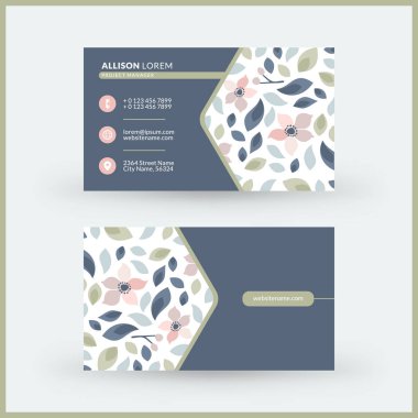 Sevimli çiçek arka plan ile çift taraflı yatay modern kartvizit şablonu. Vektör mockup Illustration. Kırtasiye tasarımı