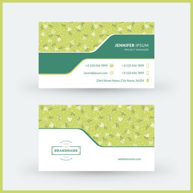 Sevimli çiçek arka plan ile çift taraflı yatay modern kartvizit şablonu. Vektör mockup Illustration. Kırtasiye tasarımı