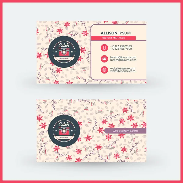 Double-sided horizontal modern business card template with cute floral background. Vector mockup illustration. Stationery design — Stock Vector