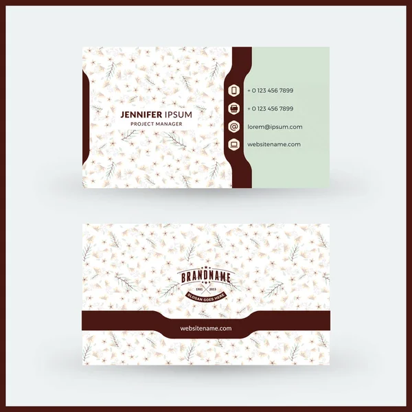 Double-sided horizontal modern business card template with cute floral background. Vector mockup illustration. Stationery design — Stock Vector