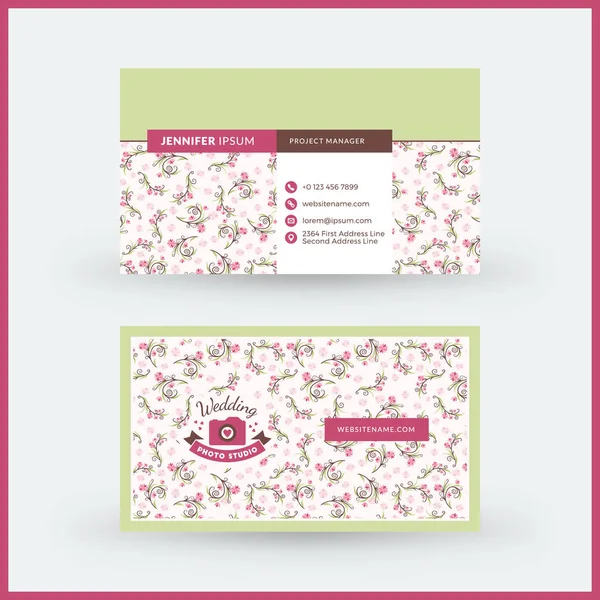 Plantilla de tarjeta de visita moderna horizontal de doble cara con un lindo fondo floral. Ilustración de maqueta vectorial. Diseño de papelería — Vector de stock